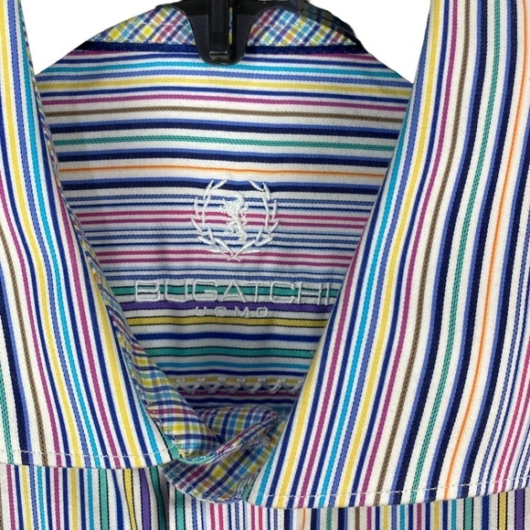 Men’s Bugatchi Uomo Flip Cuff Classic Fit Button Shirt Long Sleeves Striped Blue - Picture 7 of 12